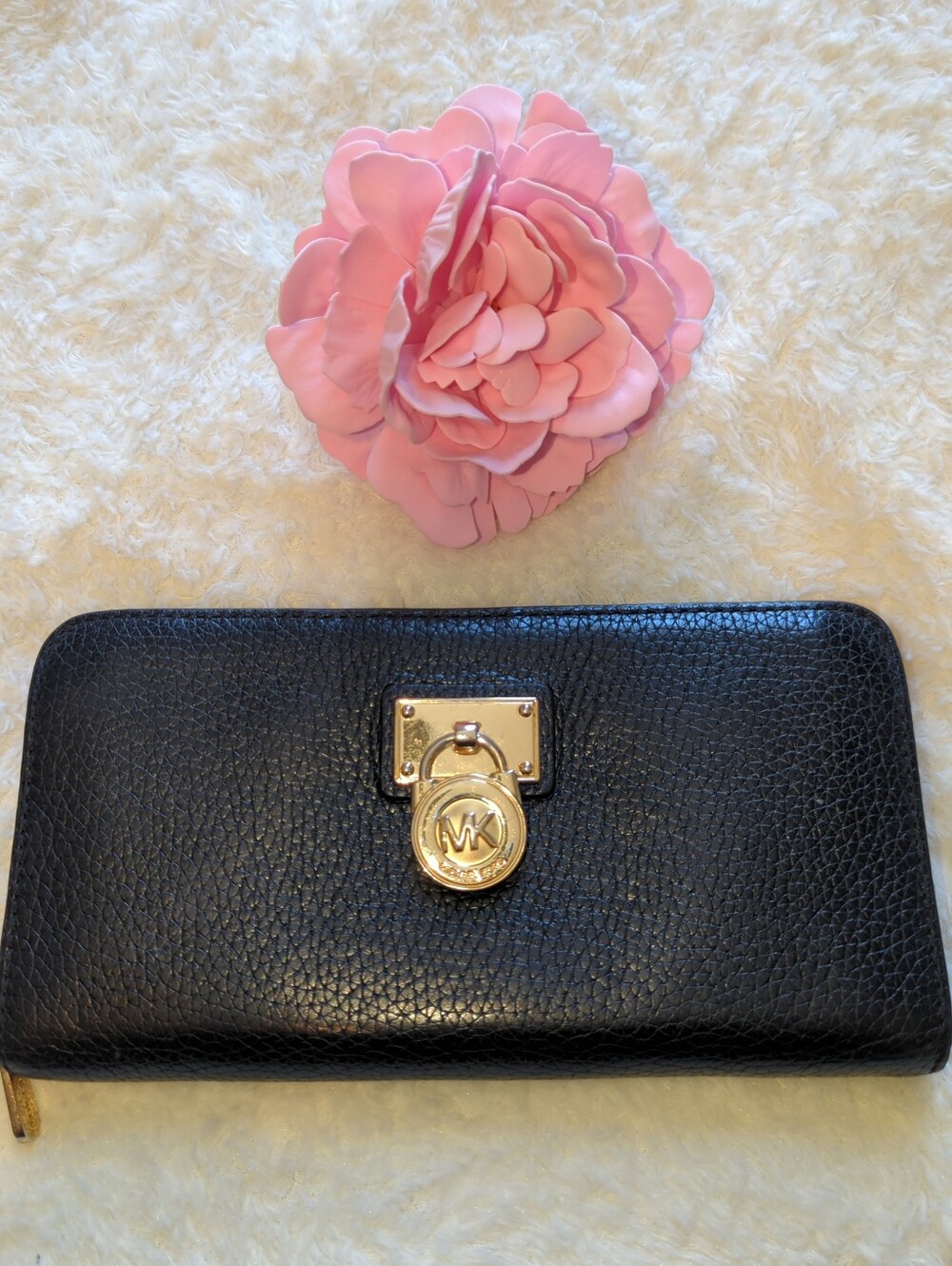 Michael Kors Black Pebbled Soft Leather Wallet with Gold Logo Lock Charm